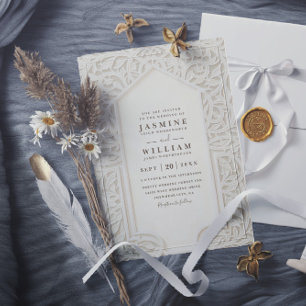 Invitation Mariage élégant vintage avec code QR brodé de dent