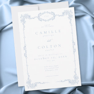 Invitation Mariage Élégant Vintage Baroque Bleu Poussiéreux