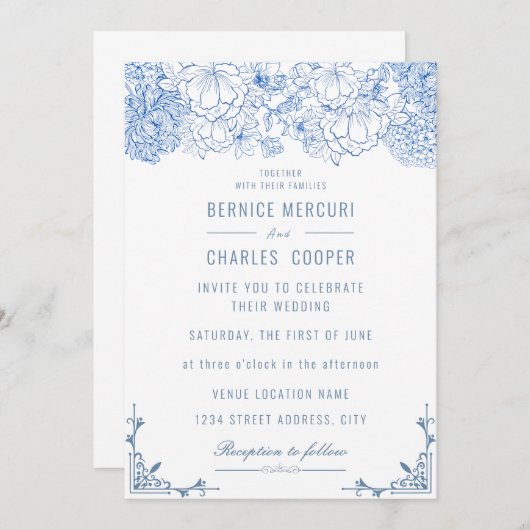 Invitation Mariage élégant vintage bleu Dusty (Devant / Derrière)