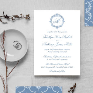 Invitation Mariage Élégant Vintage Bleu Toile Monogramme