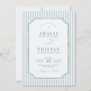 Invitation Mariage élégant vintage bleu vert sauge rayure