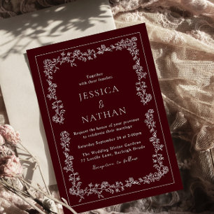 Invitation Mariage élégant vintage bordeaux et blanc