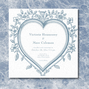 Invitation Mariage Élégant Vintage Chinoiserie Cœur Bleu