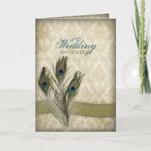Invitation mariage élégant vintage crème damassé paon