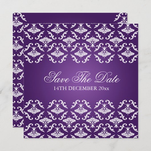 Invitation Mariage Elégant Vintage Damassé Violet (Devant / Derrière)