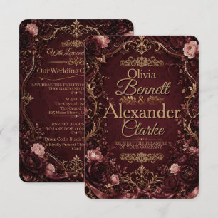 Invitation Mariage élégant vintage floral bordeaux or