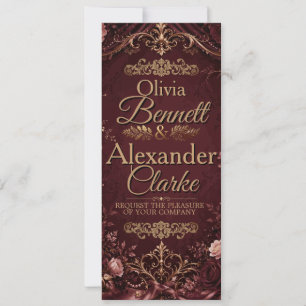 Invitation Mariage élégant vintage floral bordeaux or