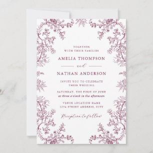 Invitation Mariage Élégant Vintage Floral Bourgogne
