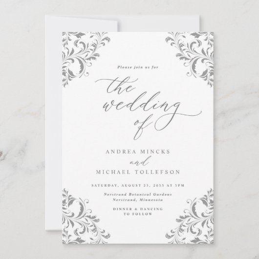Invitation Mariage Élégant Vintage Gris Argenté (Devant)