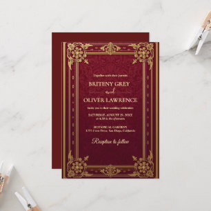 Invitation Mariage Élégant Vintage Rouge Bourgogne et Or