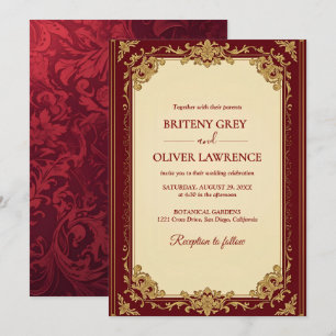 Invitation Mariage Élégant Vintage Rouge Bourgogne et Or