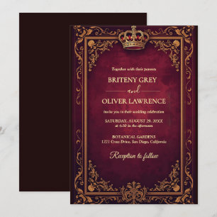 Invitation Mariage Élégant Vintage Rouge Bourgogne et Or