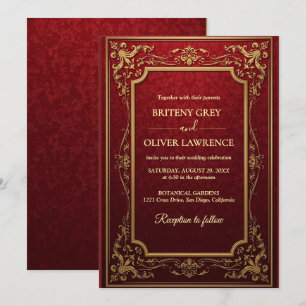 Invitation Mariage Élégant Vintage Rouge Bourgogne et Or