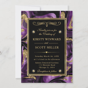 Invitation Mariage élégant violet fondu et doré pailleté