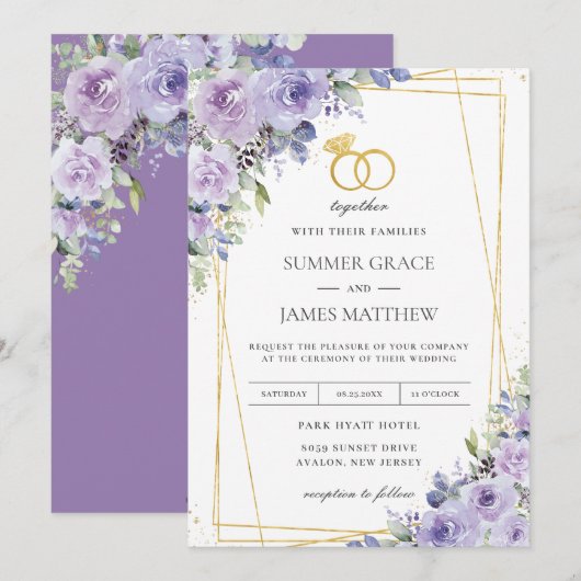 Invitation Mariage élégant Violet Lilac Floral Or Anneaux (Devant / Derrière)