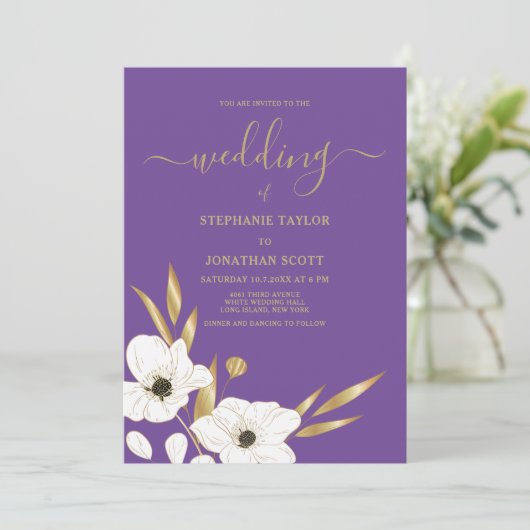 Invitation Mariage élégant violet violet or blanc élégant (Debout devant)