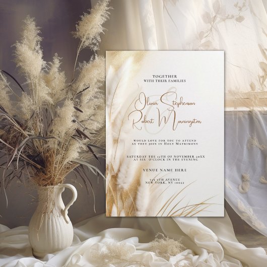 Invitation Mariage | Elégante Pampas Bohème Florale Or