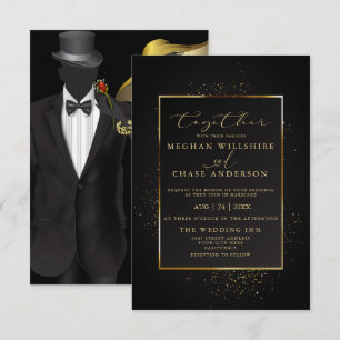 Invitation MARIAGE Elégante Parties scintillant noire et or