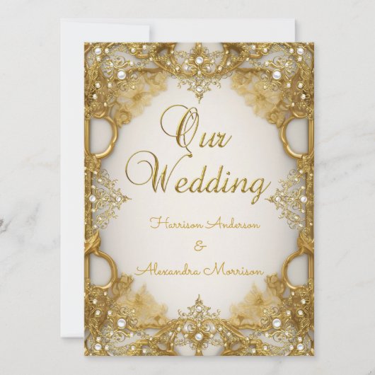 Invitation Mariage Elite Gold Blanc crème crème perles Cadre (Devant)