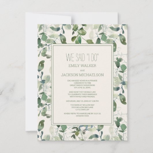 Invitation Mariage Elopé Feuilles d'Eucalyptus Vert Sauge (Devant)