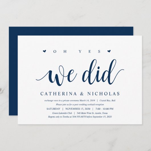 Invitation Mariage Élopement Moderne Rustique, Écriture Bleu (Devant / Derrière)