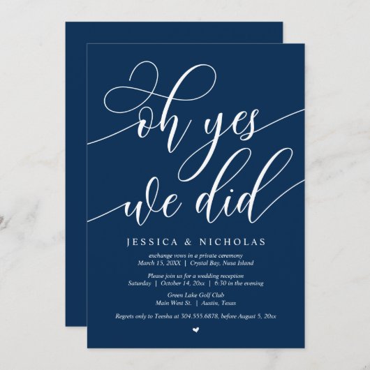 Invitation Mariage Elopement Party, Oh Oui, On L'A Fait, Navy (Devant / Derrière)
