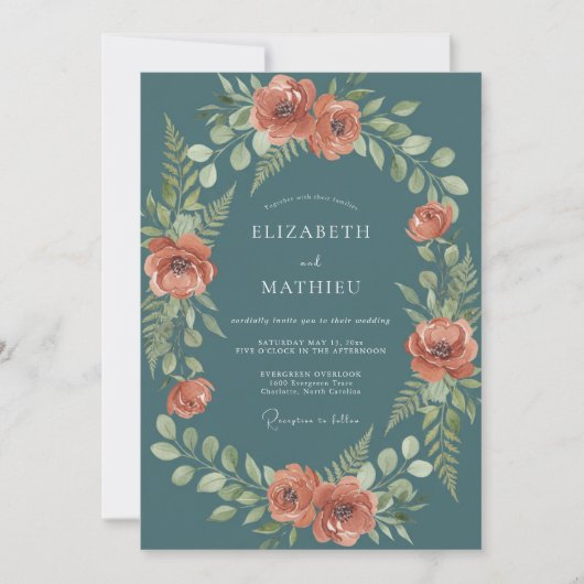 Invitation Mariage Embrassant Floral Rustique Sarcelle (Devant)