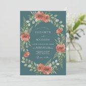 Invitation Mariage Embrassant Floral Rustique Sarcelle (Debout devant)