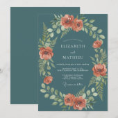 Invitation Mariage Embrassant Floral Rustique Sarcelle (Devant / Derrière)