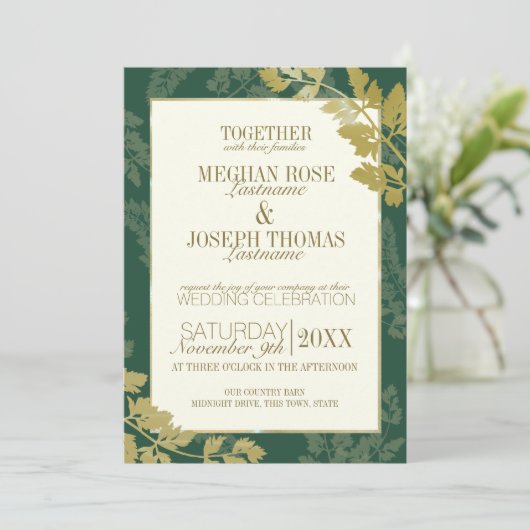 Invitation Mariage Emerald et Golden Leaf (Debout devant)