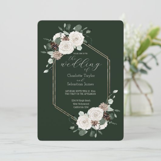Invitation Mariage Emerald Green Et Fleurs Crème (Debout devant)