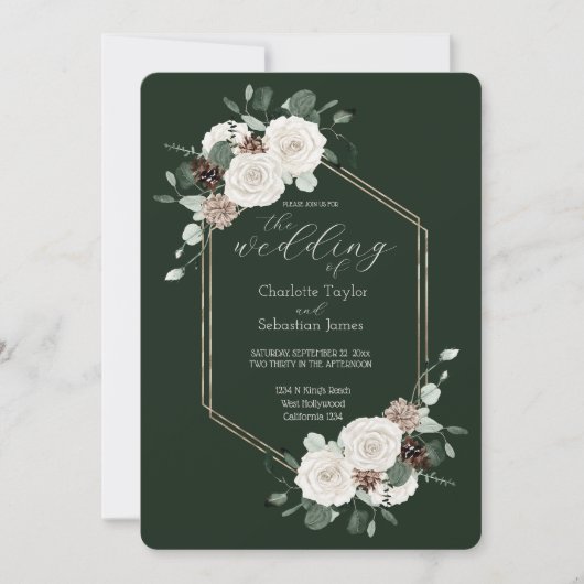 Invitation Mariage Emerald Green Et Fleurs Crème (Devant)