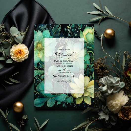 Invitation Mariage Emerald Green, Gold et Black Floral