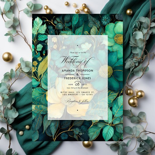 Invitation Mariage Emerald Green, Gold et Black Floral