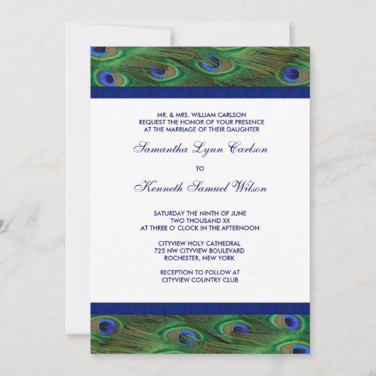 Invitation Mariage Emerald Green Royal Blue Peacock Feathers (Devant)
