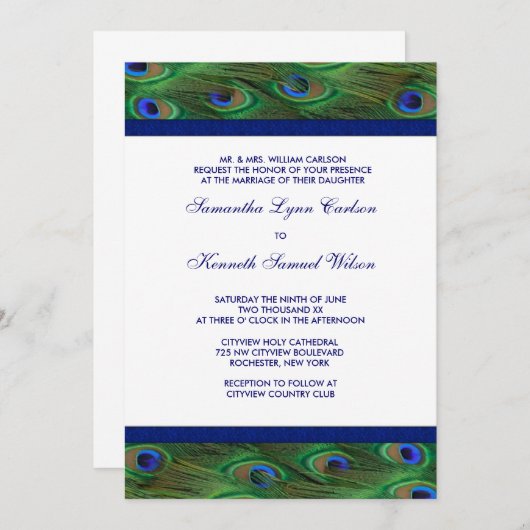 Invitation Mariage Emerald Green Royal Blue Peacock Feathers (Devant / Derrière)