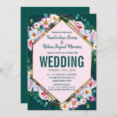 Invitation Mariage Emerald Jade aux fleurs roses (Devant / Derrière)