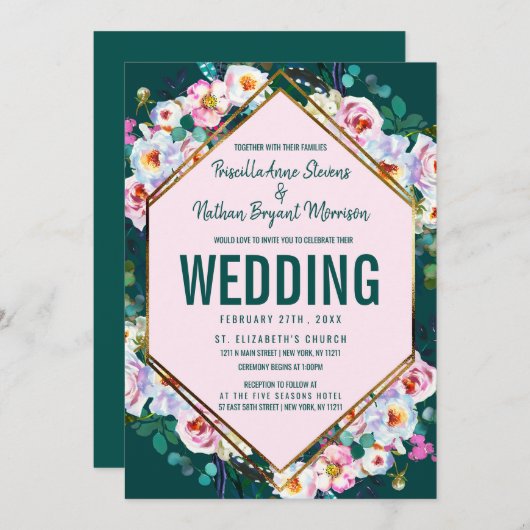 Invitation Mariage Emerald Jade aux fleurs roses (Devant / Derrière)
