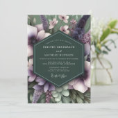 Invitation Mariage Émeraude et Mauve Artistiques Fleurs (Debout devant)