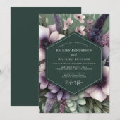 Invitation Mariage Émeraude et Mauve Artistiques Fleurs (Devant / Derrière)