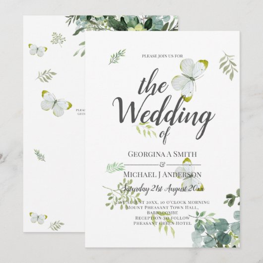 Invitation Mariage émeraude Feuille chic Eucalyptus (Devant / Derrière)
