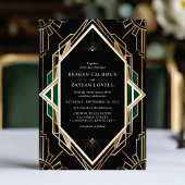 Invitation Mariage émeraude géométrique Art déco noir et or