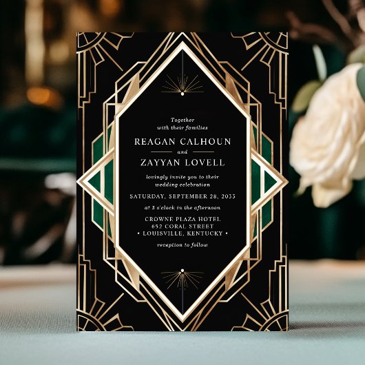 Invitation Mariage émeraude géométrique Art déco noir et or