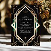 Invitation Mariage émeraude géométrique Art déco noir et or