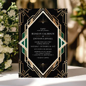 Invitation Mariage émeraude géométrique Art déco noir et or