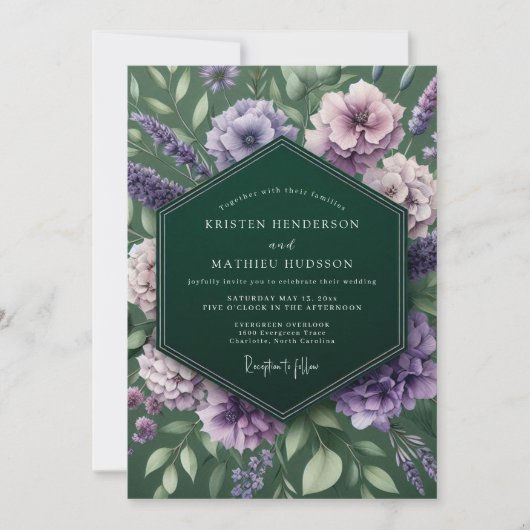 Invitation Mariage Émeraude Lavande Maussade (Devant)