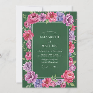 Invitation Mariage Émeraude Magenta Ranunculus Eucalyptus