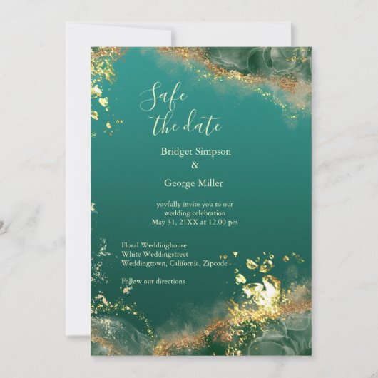 Invitation Mariage émeraude or vert bijou en sécurité la date (Devant)