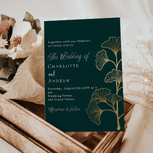 Invitation Mariage émeraude vert ginkgo or feuille luxe