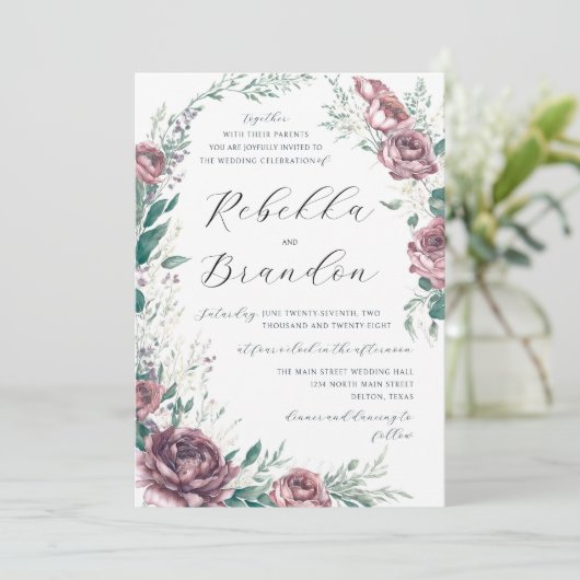 Invitation Mariage émeraude vert Rose Dusty (Debout devant)